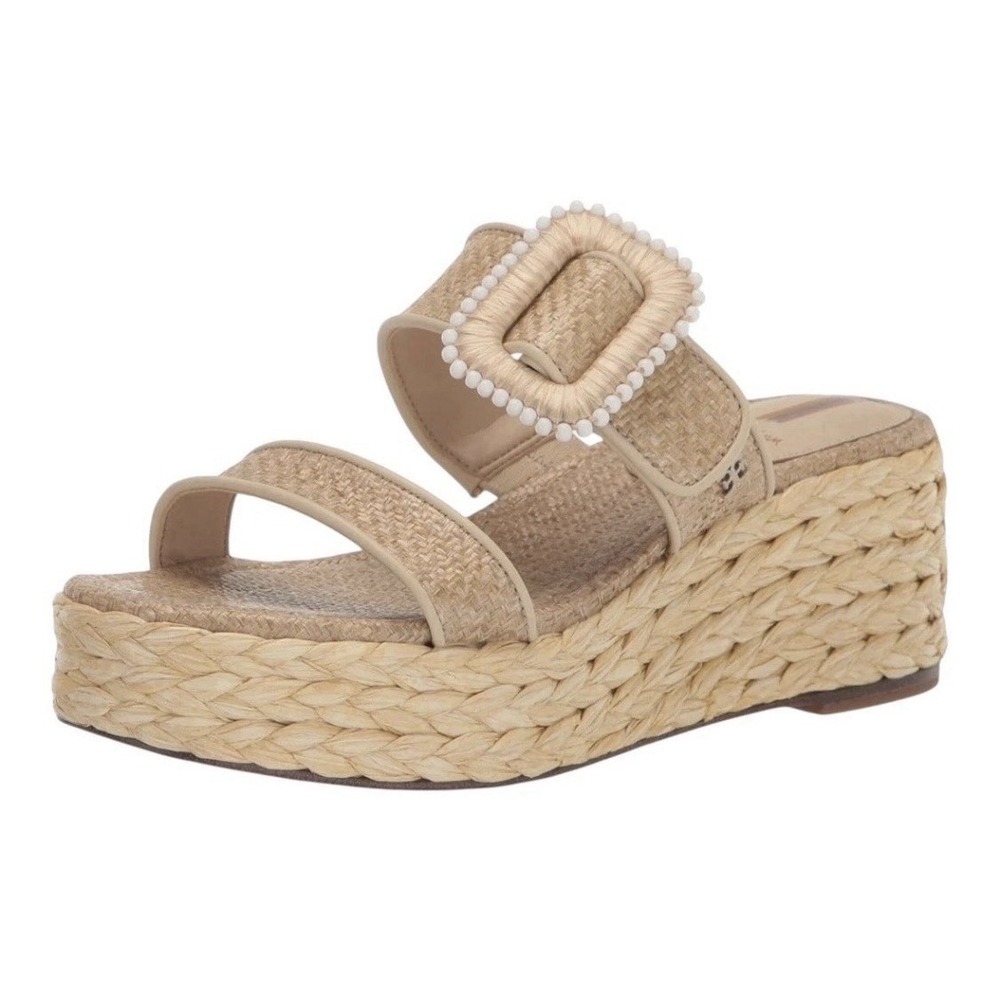 Sam Edelman Chase Espadrille Wedge Sandals Size 8.5 Raffia Beaded Eggshell